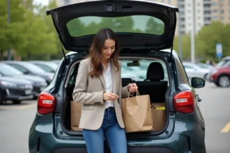 Jeune femme ouvrant le coffre d'une voiture en ville
