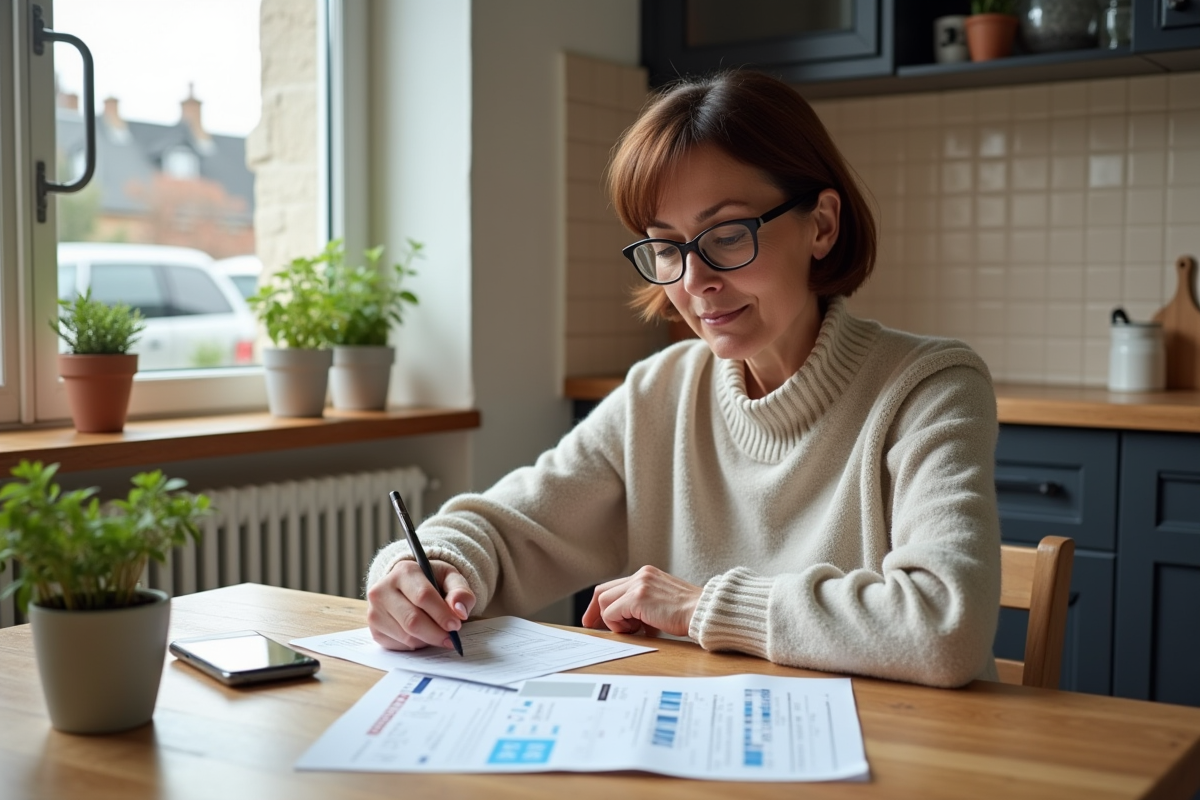 Femme remplissant des papiers avec carte d'identite francaise