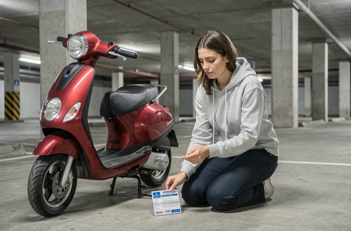 Femme préparant la pose d'une vignette assurance sur son scooter rouge dans un parking souterrain