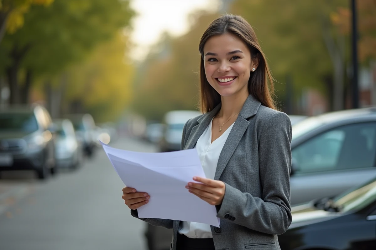 Jeune femme souriante présentant papiers voiture dans rue