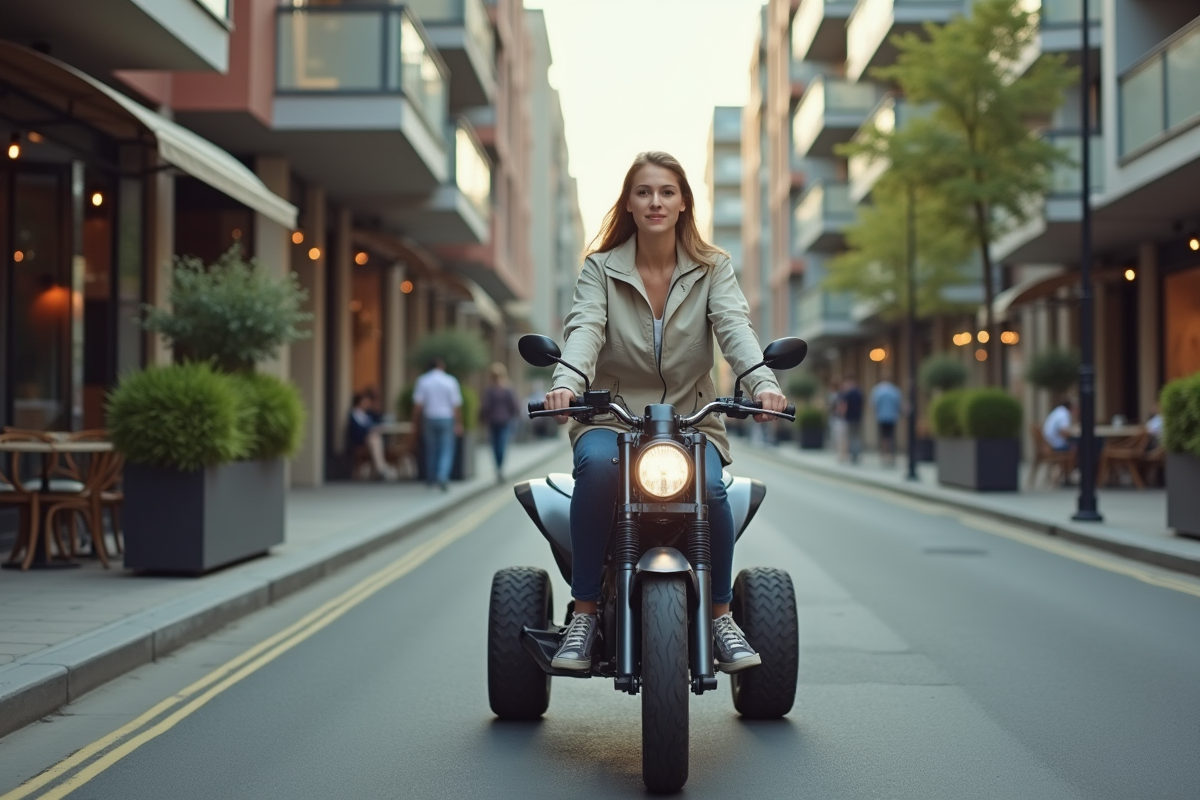 Jeune femme conduisant un quad en ville