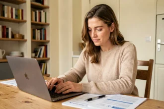 Femme remplissant un questionnaire de devis assurance auto sur son ordinateur portable avec des documents papier sur une table en bois