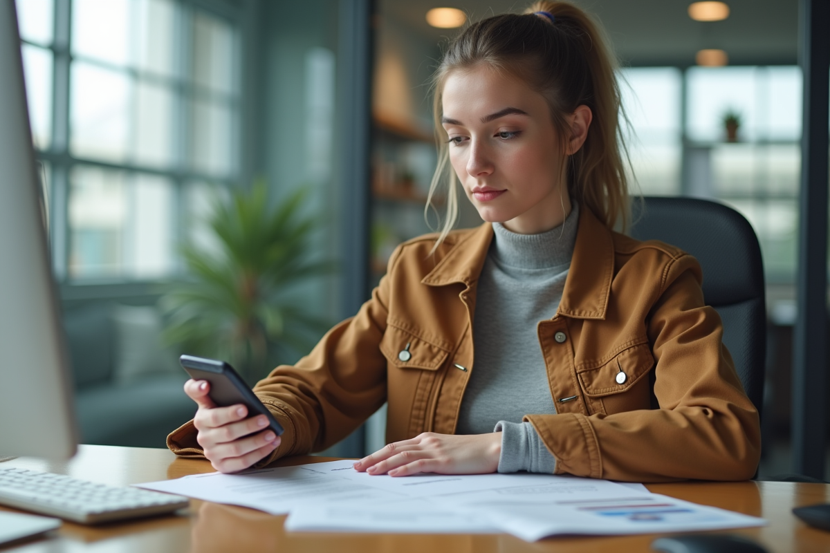 Jeune femme examinant une facture de réparation auto au bureau