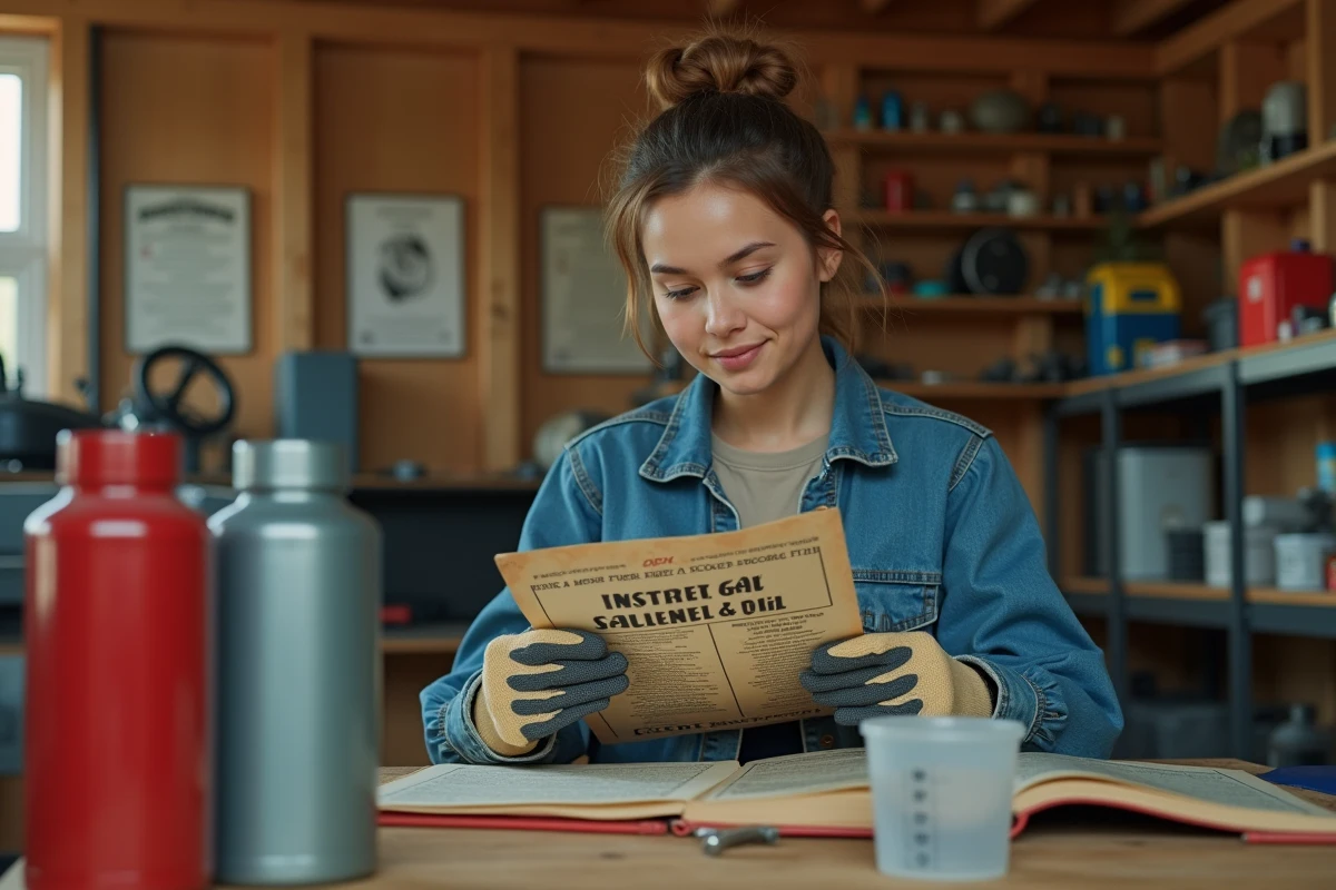 Jeune femme lit un manuel de mélange carburant dans un atelier lumineux