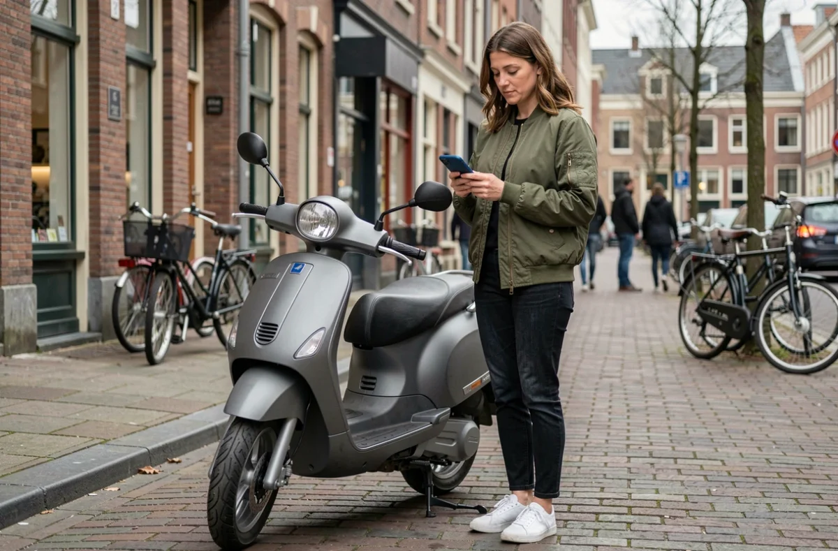 Jeune femme consultant une application de comparaison d'assurance scooter Belfius dans une rue urbaine
