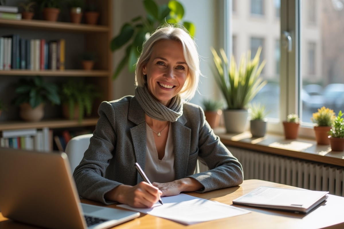 Femme dans la quarantaine signant un bail dans un salon lumineux