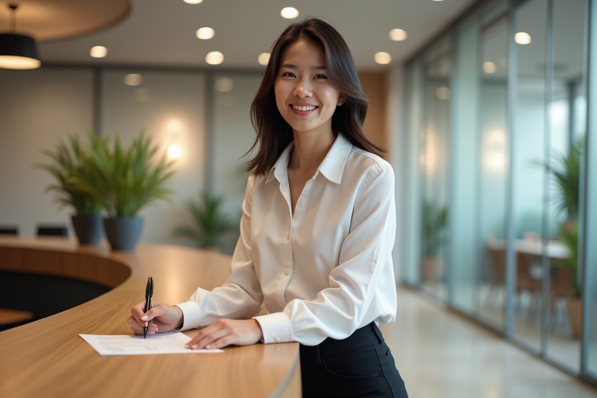 Femme signant des documents dans un bureau d