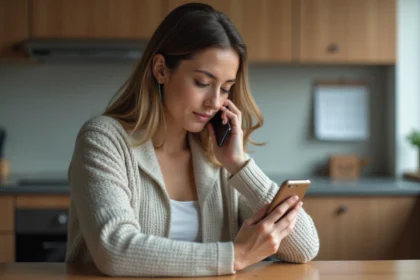 Femme au téléphone dans une cuisine moderne