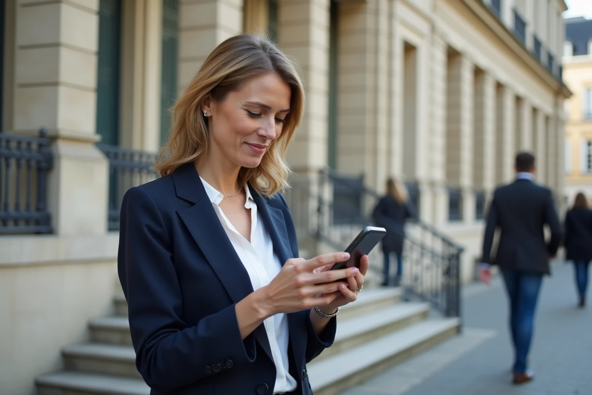 Femme consultant son smartphone devant une préfecture française après avoir effectué ses démarches en ligne