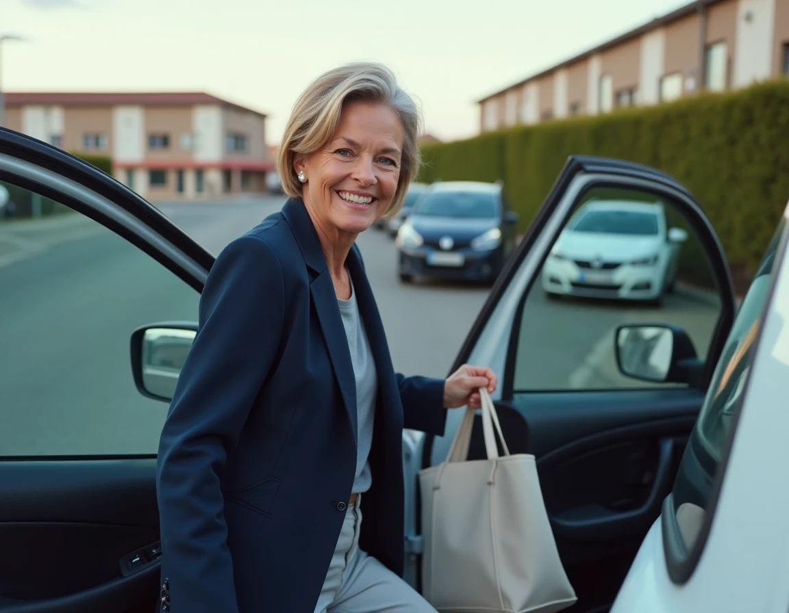 Femme d'une cinquantaine d'années sortant d'une voiture sans permis dans un parking de zone commerciale en France