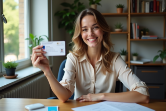 Femme souriante tenant son permis de conduire français