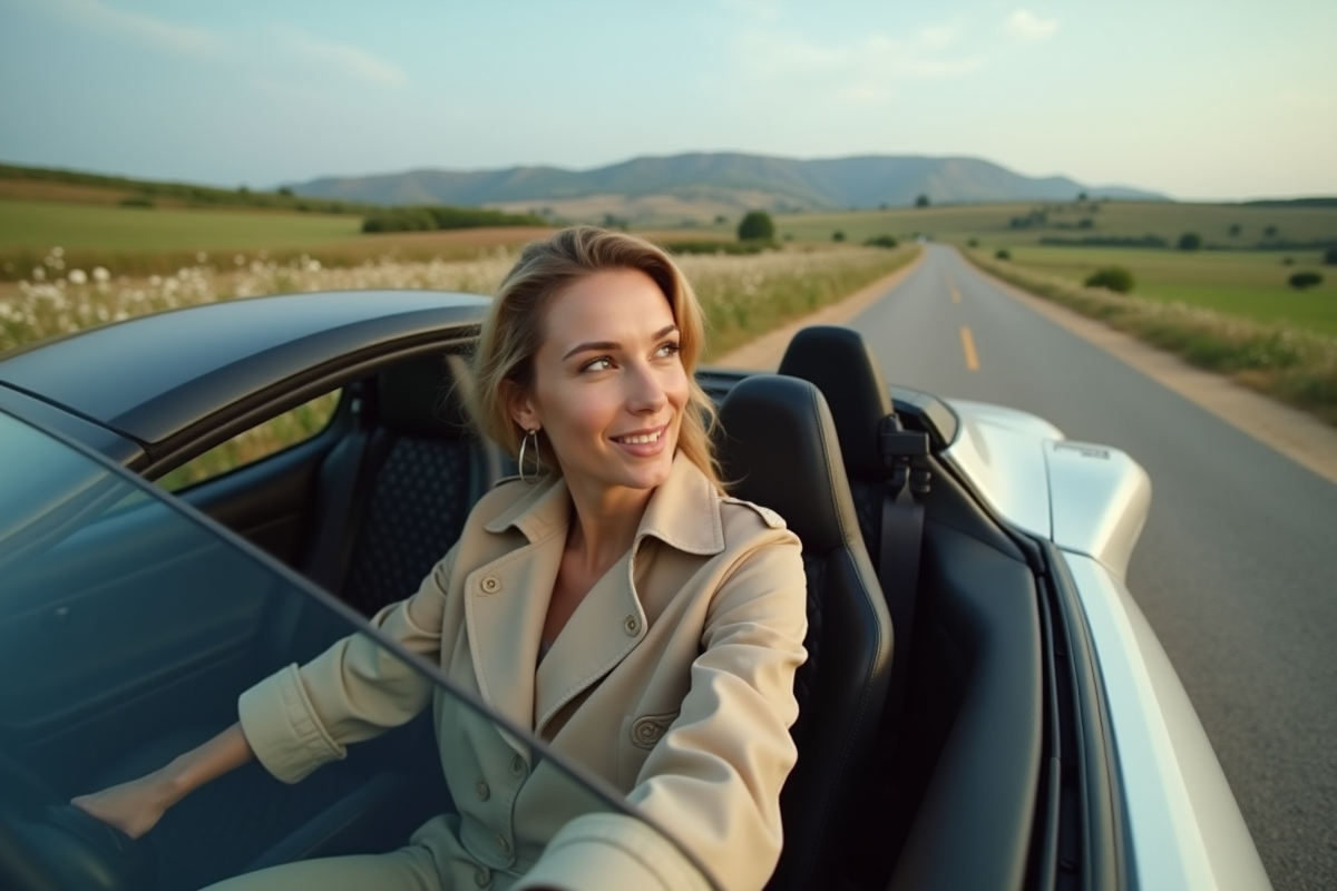 Femme en trench beige dans une voiture en campagne