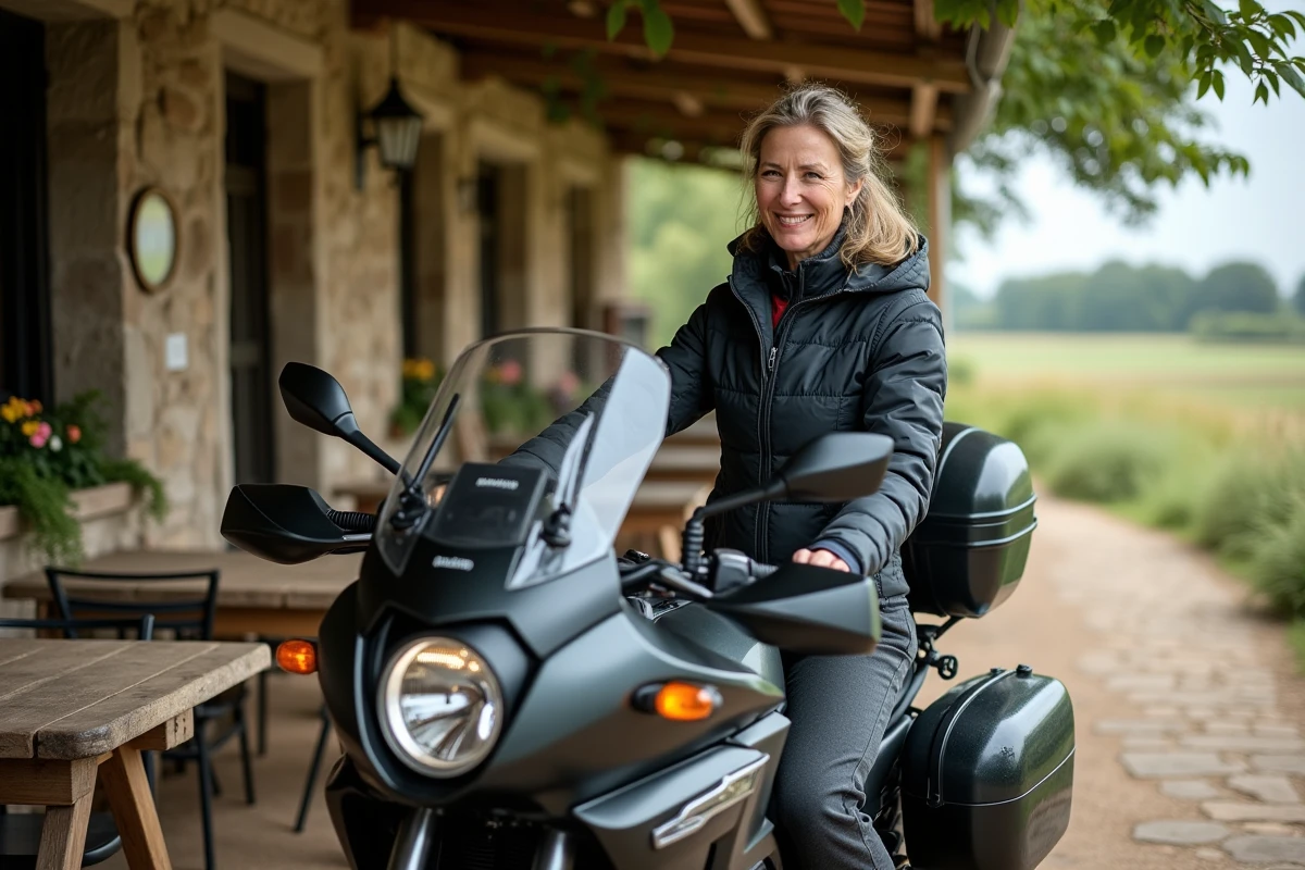 Femme en tenue touring fixant ses sacs sur la Kawasaki GTR à la campagne