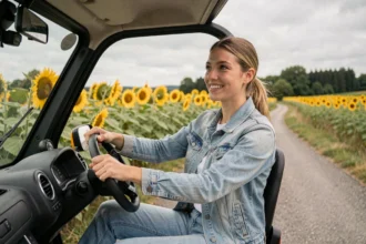 Jeune femme conduisant une voiture sans permis sur une route de campagne française en été