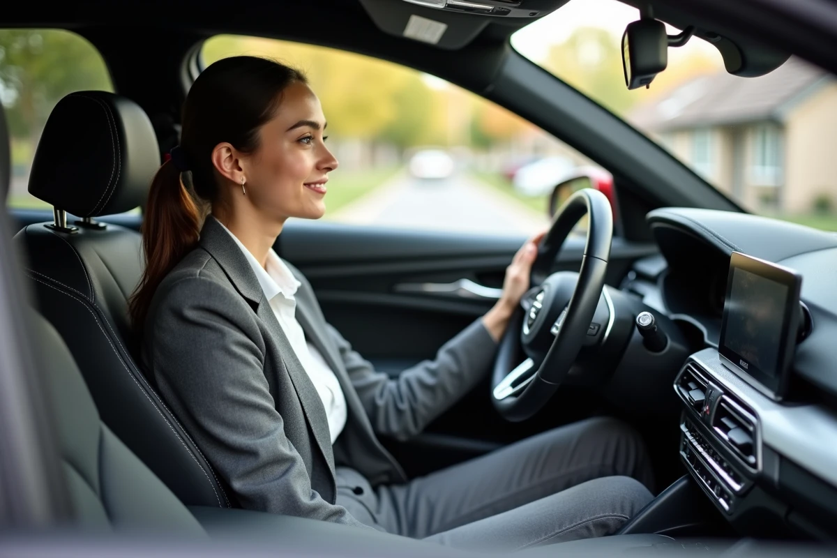 Femme dans la voiture regardant le badge du volant