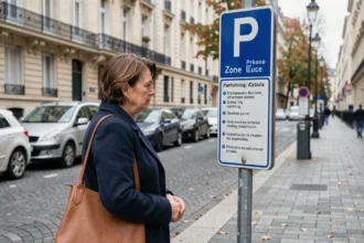 Femme lisant les règles d'une zone de stationnement bleu en ville en 2026