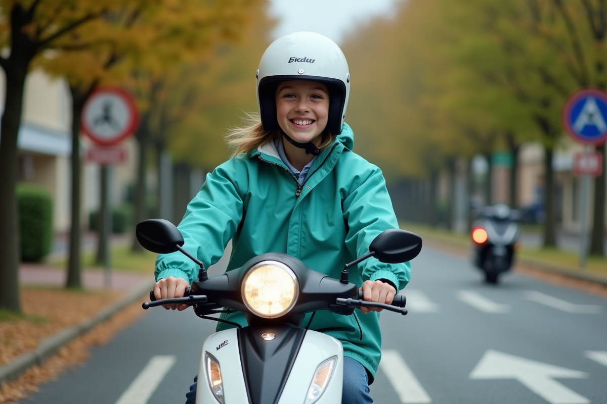 Jeune fille française en moto dans une rue résidentielle