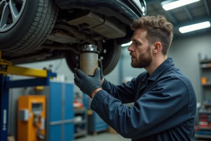 Mécanicien automobile retirant un filtre à particules encrassé sous un véhicule en atelier de réparation urbain