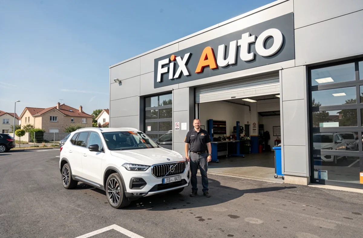 Façade du centre Fix Auto Colomiers avec technicien et véhicule réparé en avant-plan