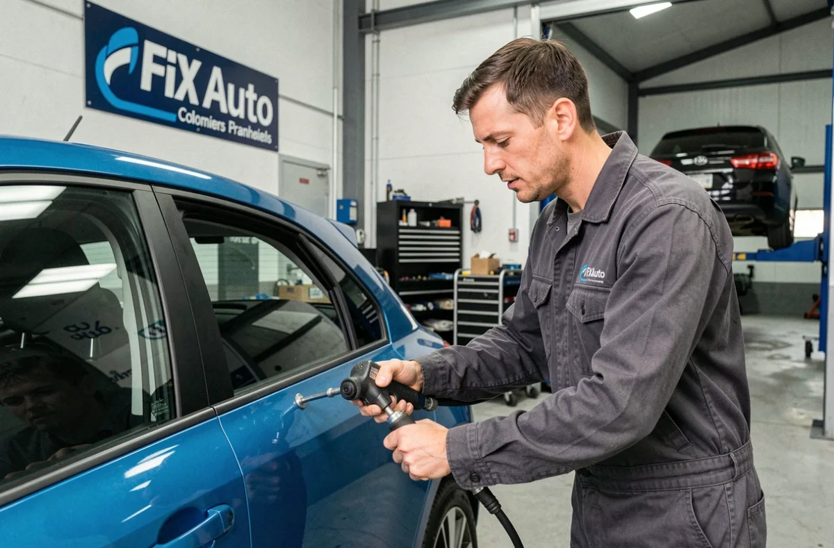 Technicien Fix Auto Colomiers utilisant un débosseleur pneumatique sur la portière d'une voiture bleue