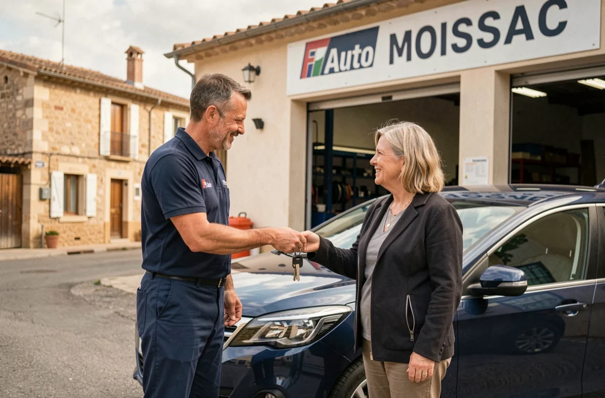 Remise des clés d'un véhicule réparé à une cliente satisfaite devant le centre Fix Auto Moissac