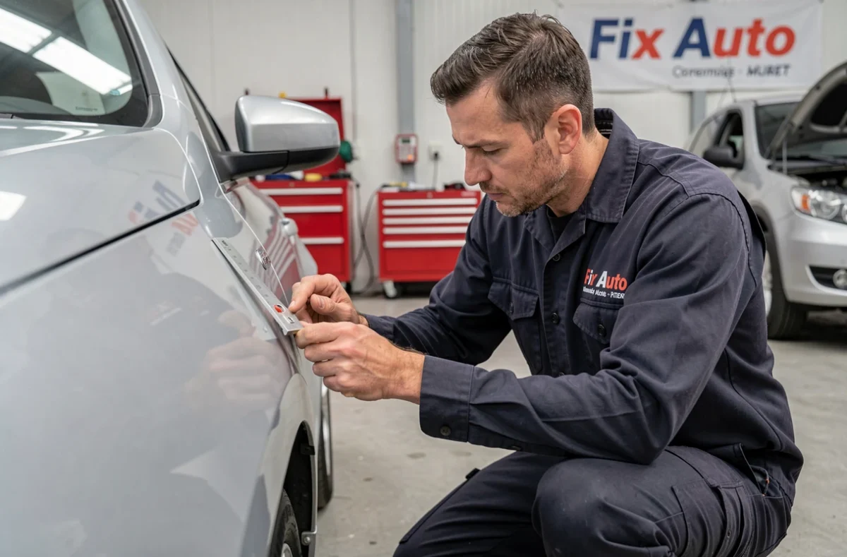 Technicien Fix Auto Muret évaluant les dommages sur l'aile d'une berline argentée avec un outil de mesure