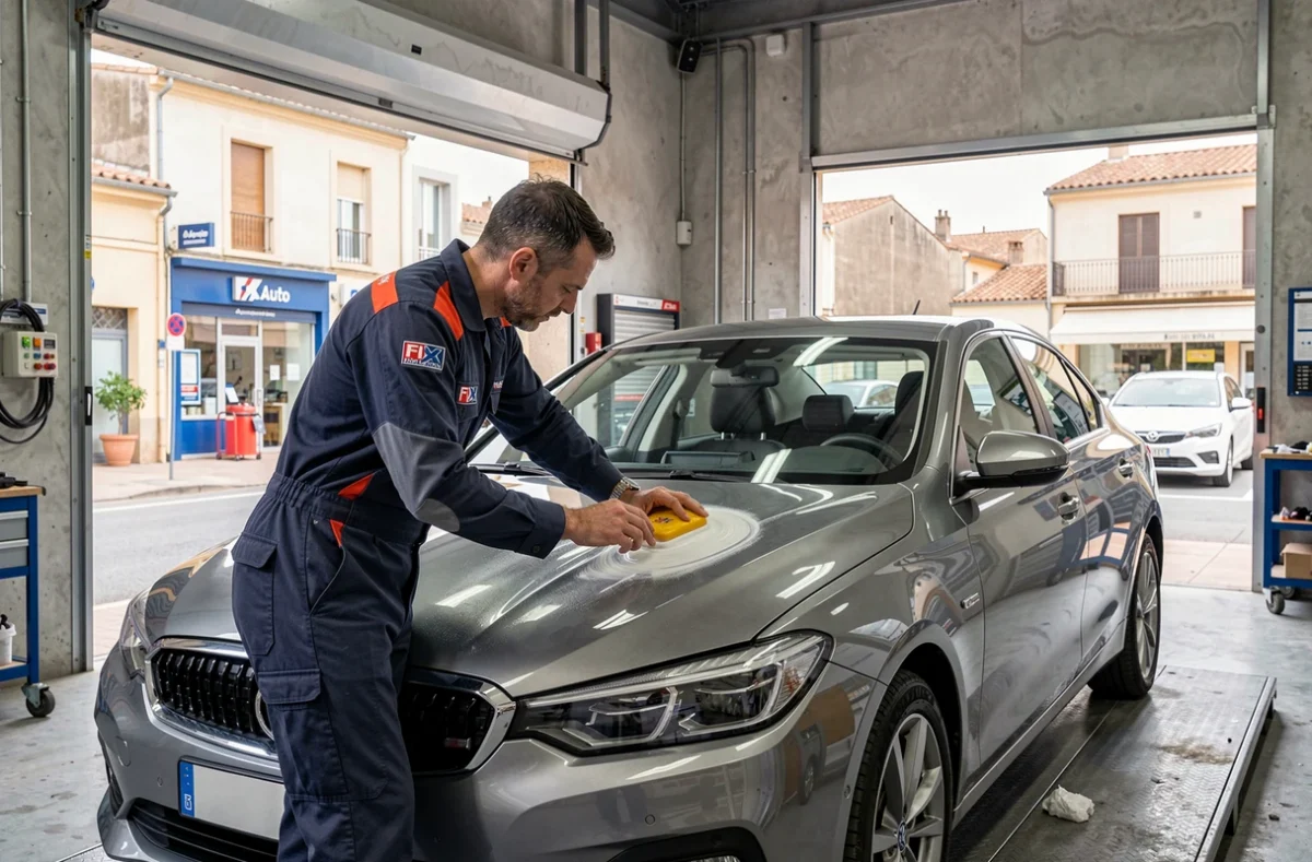 Technicien du centre Fix Auto Nîmes polissant la carrosserie d'une berline grise métallisée
