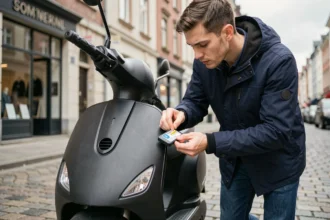 Homme fixant un support de vignette assurance sur un scooter urbain dans une rue pavée