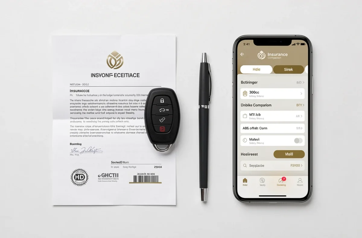 Flat lay avec clé de scooter 300cc, attestation d'assurance et smartphone affichant des tarifs d'assurance
