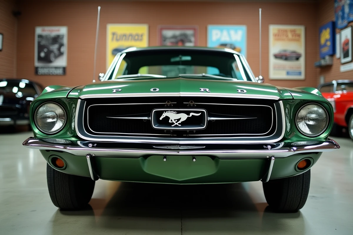 Ford Mustang Fastback 1967 restaurée avec badges et logo poney d'époque authentiques dans un garage classique