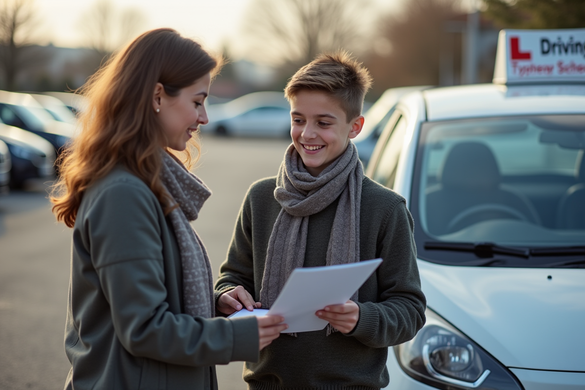 Garçon souriant avec sa mère devant une voiture