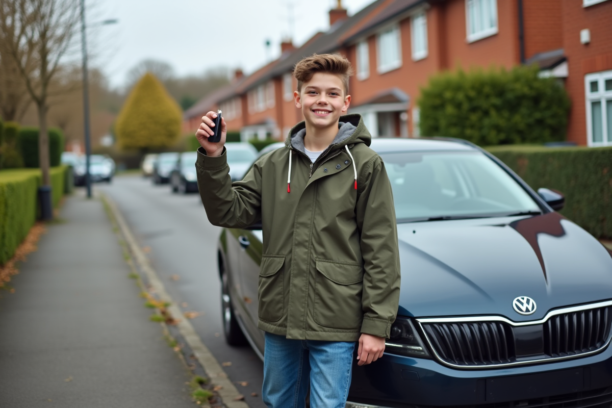 Jeune garçon souriant avec sa voiture dans la rue
