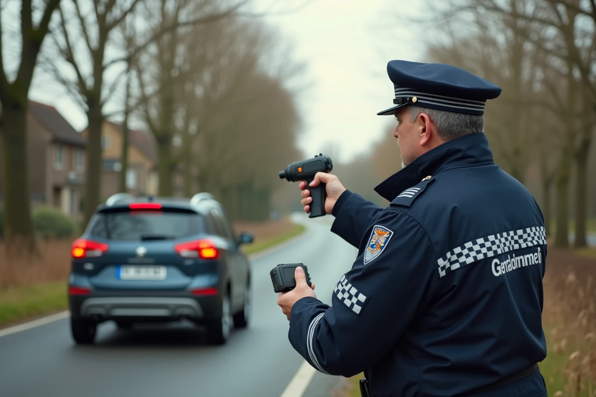 Gendarme français contrôlant la vitesse avec radar manuel face à un véhicule immatriculé en plaque TR