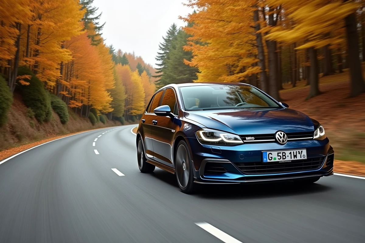 Volkswagen Golf 7 GTE en mouvement sur une route de campagne européenne entourée d'arbres aux couleurs automnales