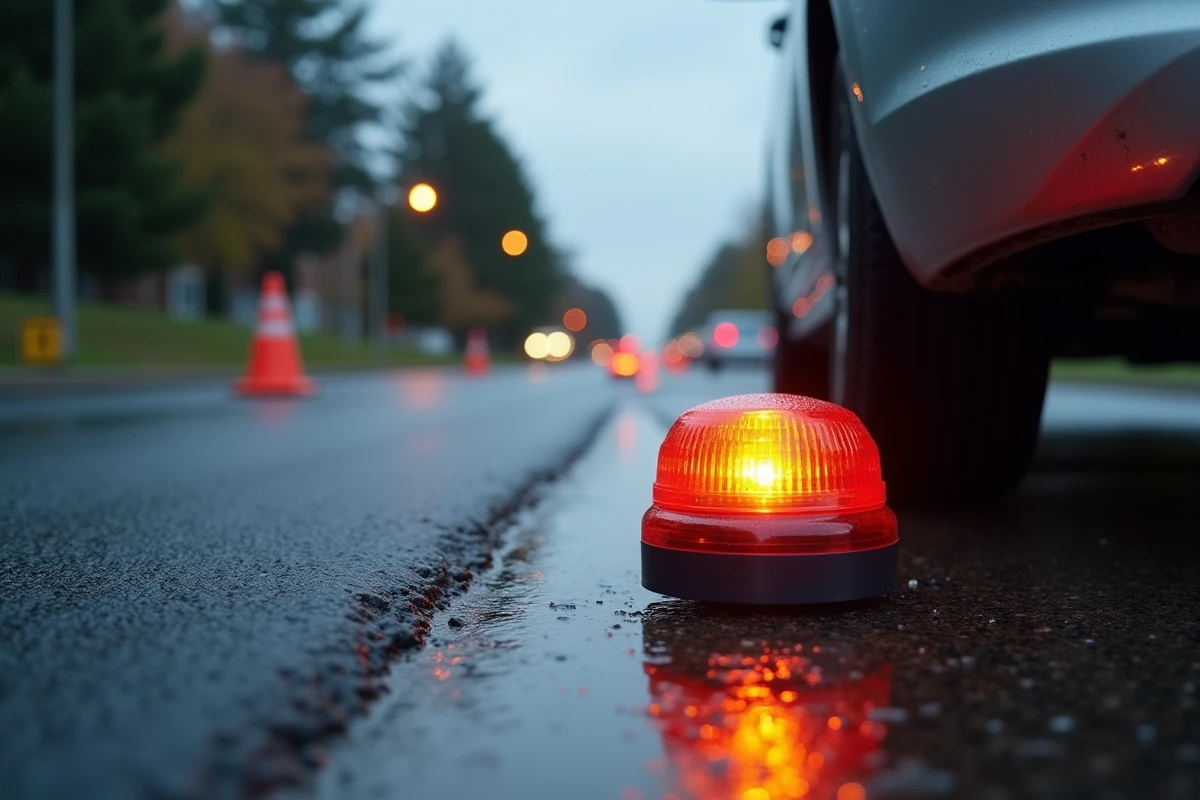 Gros plan d'une balise lumineuse V-16 posée sur bitume mouillé près d'un pare-chocs après un accident