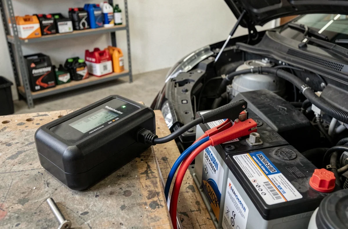 Gros plan d'un chargeur de maintien branché sur les bornes d'une batterie automobile avec voyant LED vert