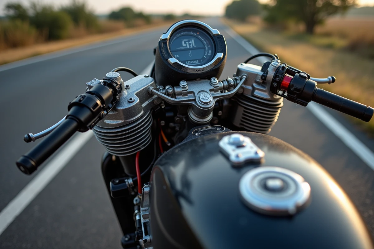 Gros plan sur le moteur et le tableau de bord numérique d'une moto de haute performance garée en bord de route