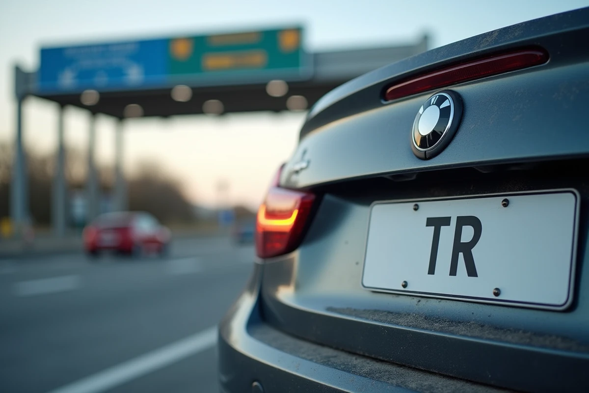 Gros plan sur une plaque d'immatriculation temporaire TR sur un véhicule circulant en France sous un radar