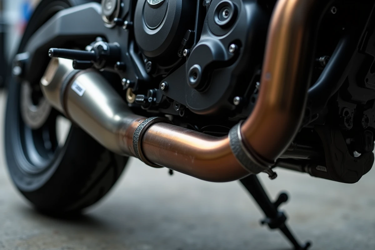 Gros plan sur un pot d'échappement homologué de moto avec marquage de conformité visible