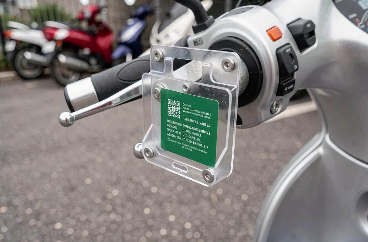 Gros plan d'un support vignette assurance transparent fixé sur le guidon d'un scooter argenté