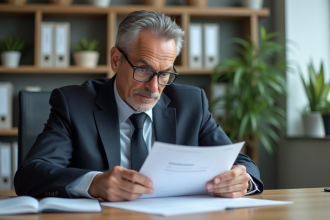 Homme d'affaires en costume examine documents d'assurance voiture