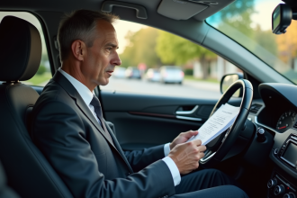Homme d'affaires dans sa voiture examine des papiers d'assurance