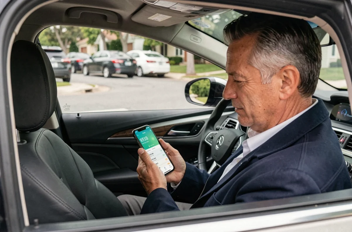 Homme consultant une application de comparaison d'assurance auto depuis l'intérieur de sa voiture