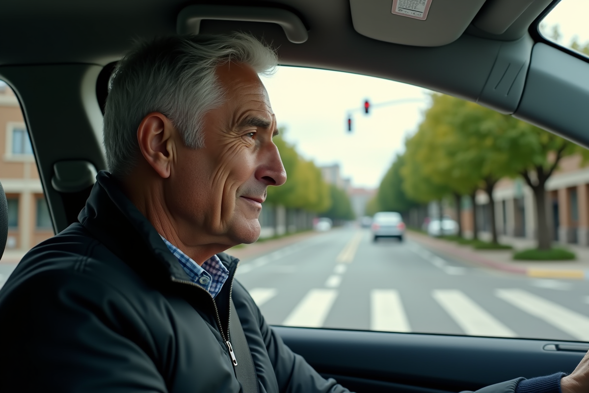 Homme patient à un feu de circulation en banlieue