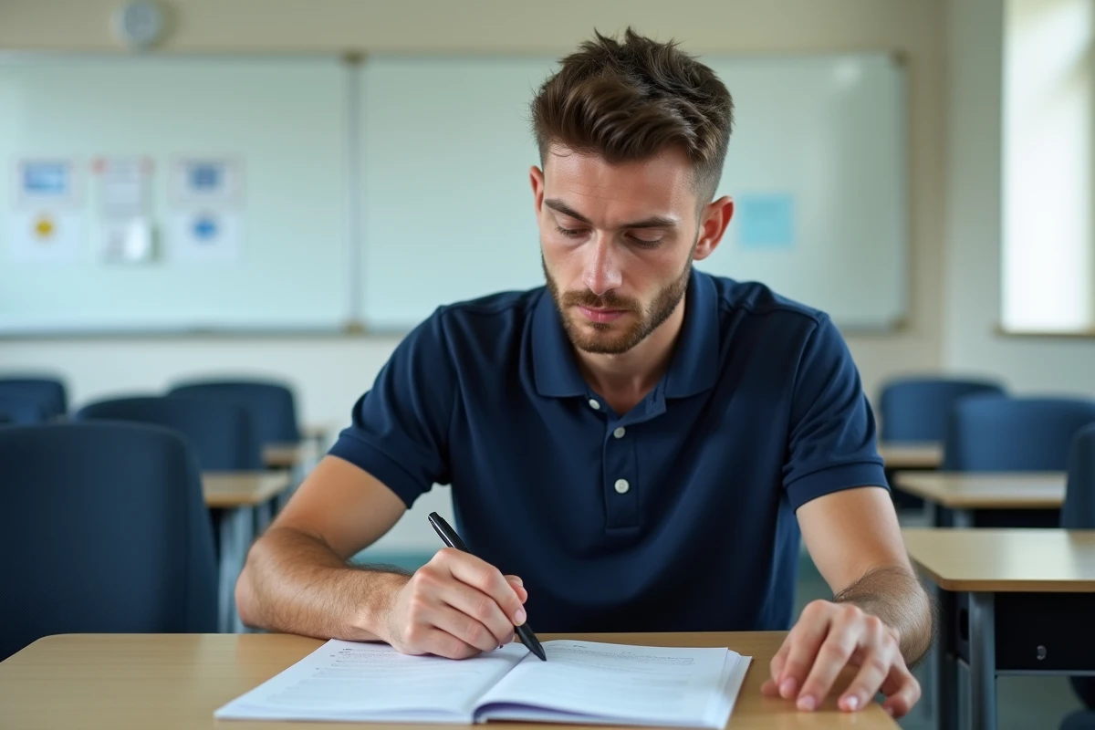 Homme en auto-école révisant un livret d'entraînement aux questions du code de la route 2026