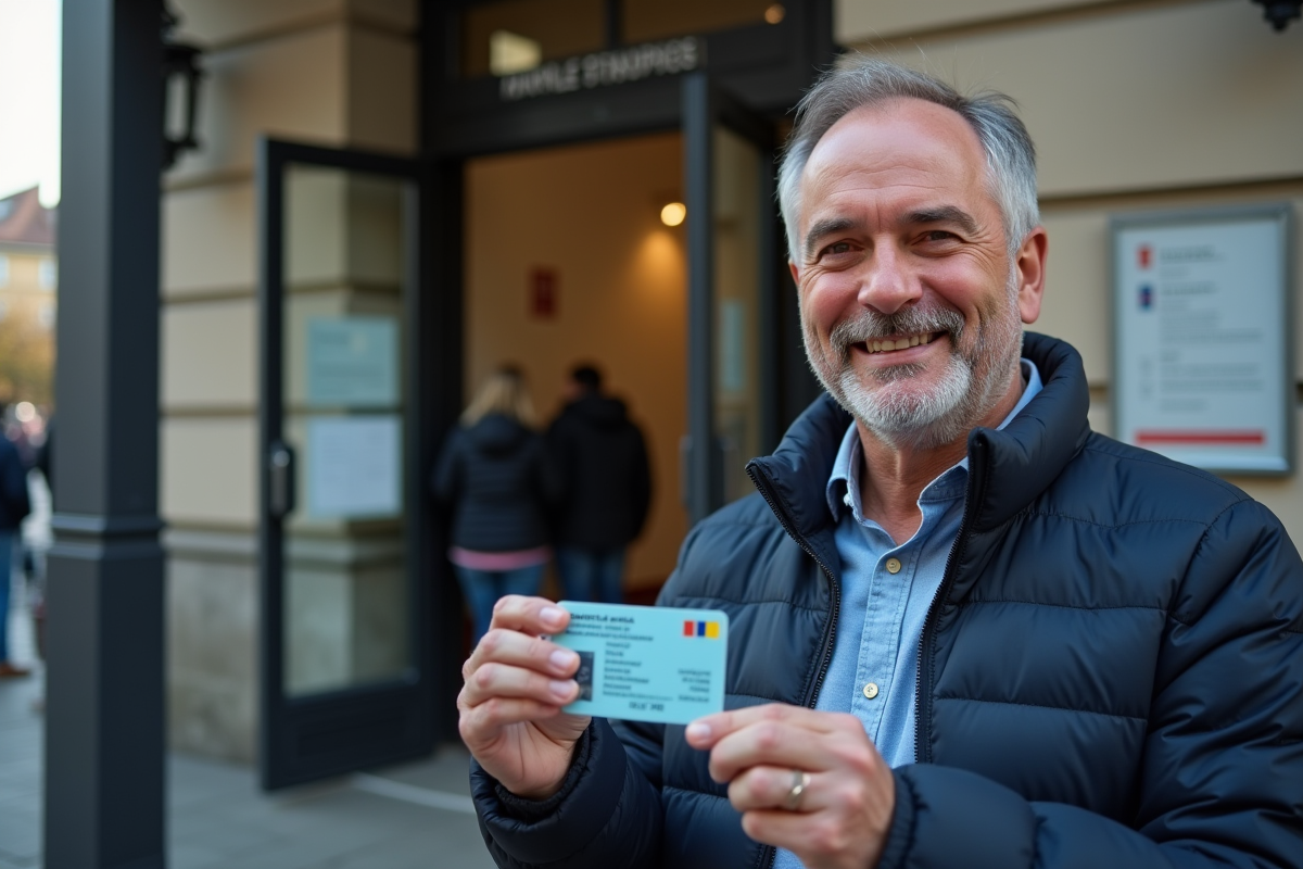 Homme souriant avec permis de conduire devant bâtiment officiel