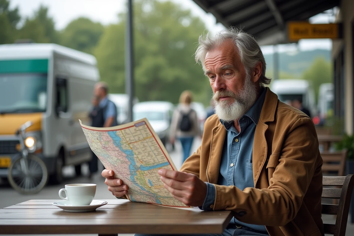 Homme étudiant une carte autoroute au café