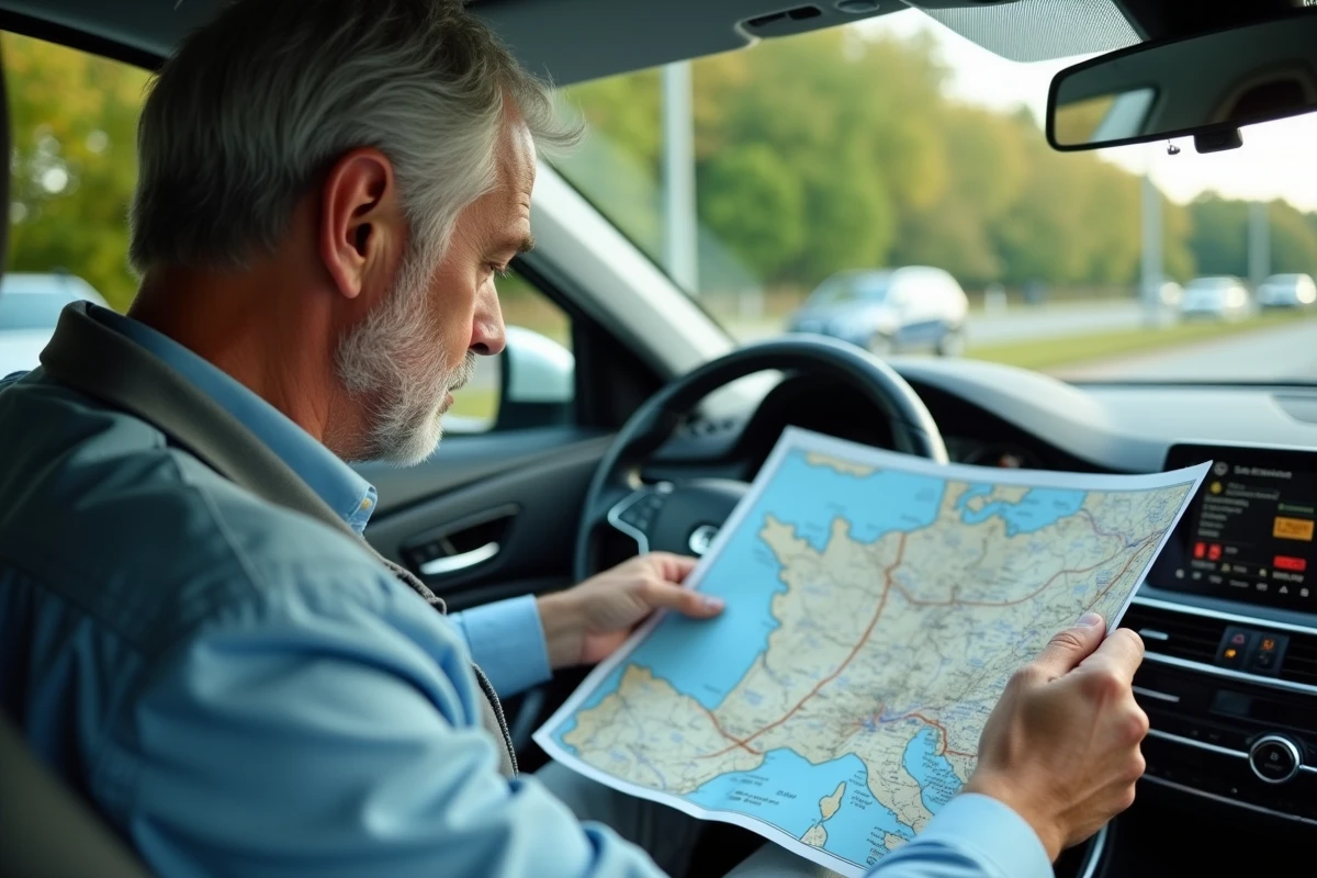 Homme d'âge moyen avec carte routière dans une voiture