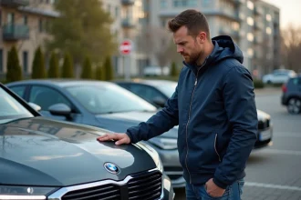 Homme regardant le badge de la voiture en extérieur