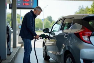 Homme d'âge moyen faisant le plein de sa voiture compacte